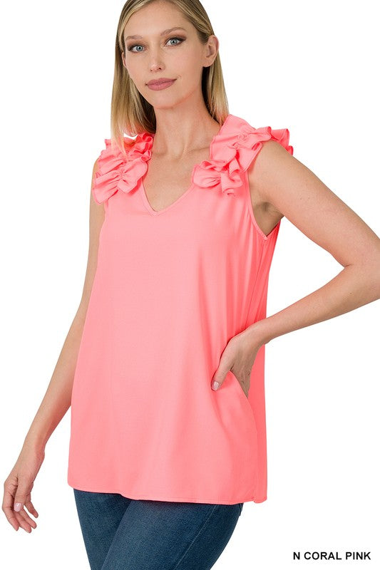 WOVEN WOOL DOBBY RUFFLE TRIM SLEEVELESS TOP