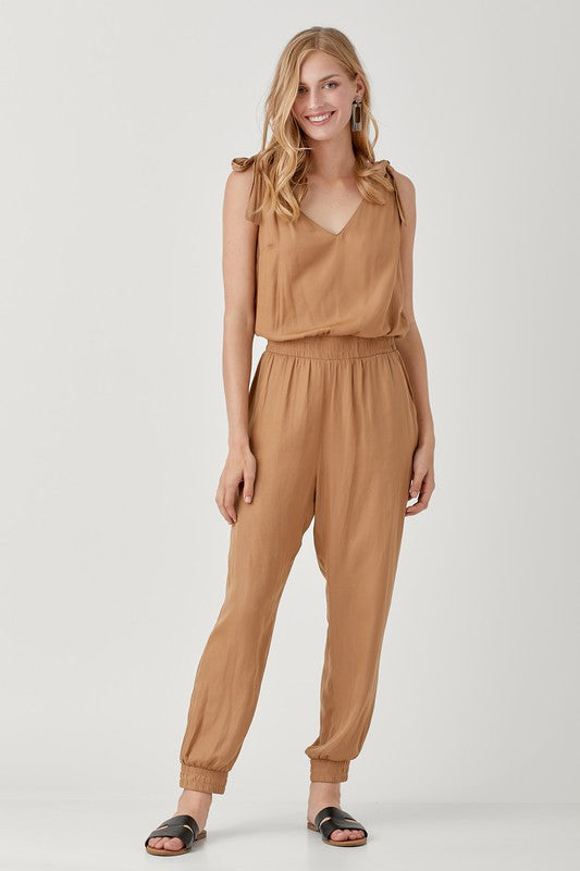 V-Neck Smocked Waist Jogger Jumpsuit