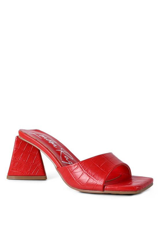 TRINITY TRIANGLE BLOCK HEELED CROC SANDALS