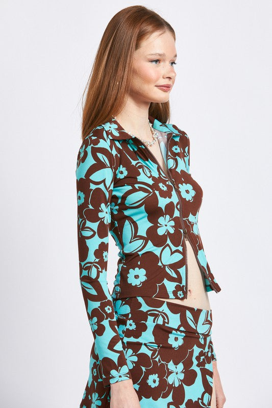 PRINTED LONG SLEEVE DUAL ZIP TOP