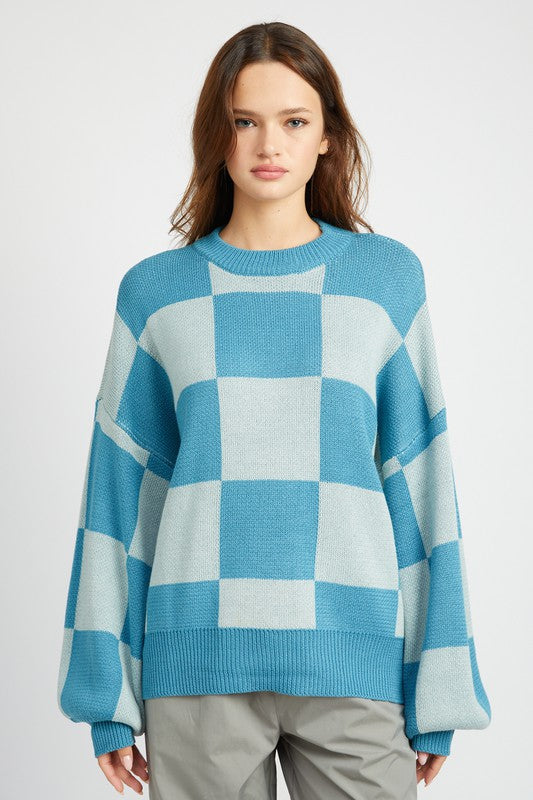 CHECKERED SWEATER WITH BUBBLE SLEEVES