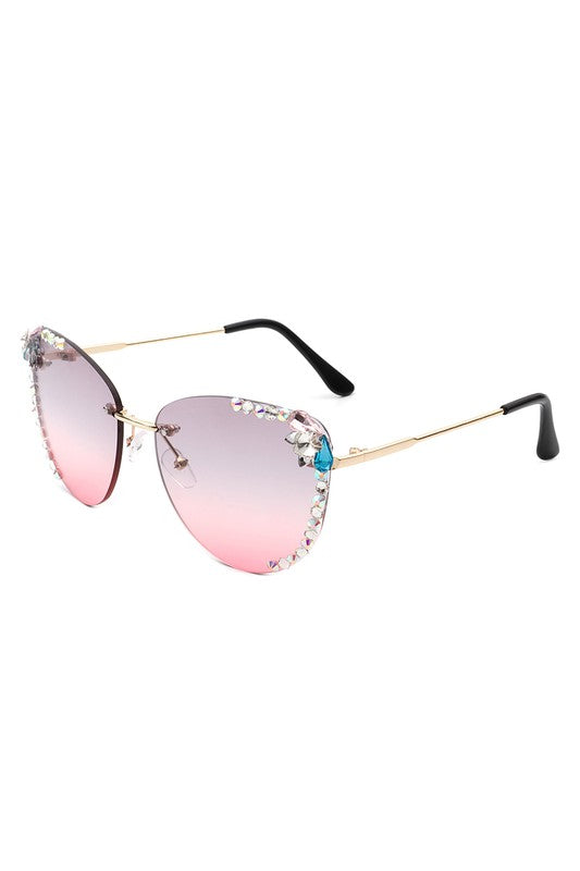 Rimless Rhinestone Fashion Cat Eye Sunglasses