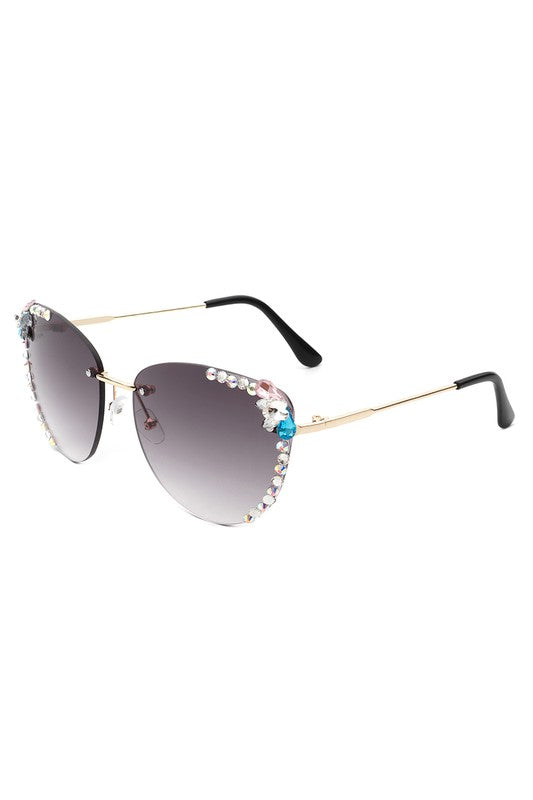 Rimless Rhinestone Fashion Cat Eye Sunglasses