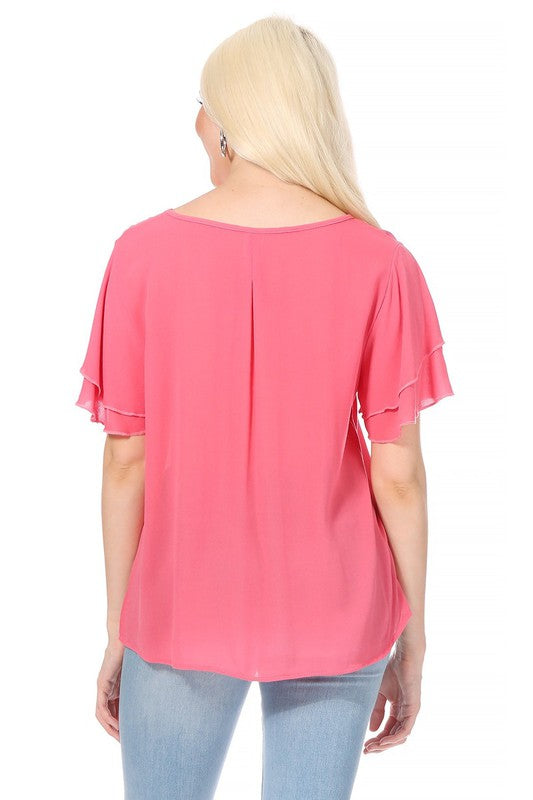 Short flutter sleeve round neck keyhole blouse.