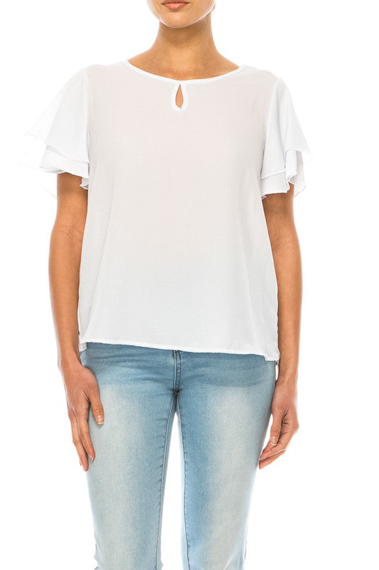 Short flutter sleeve round neck keyhole blouse.