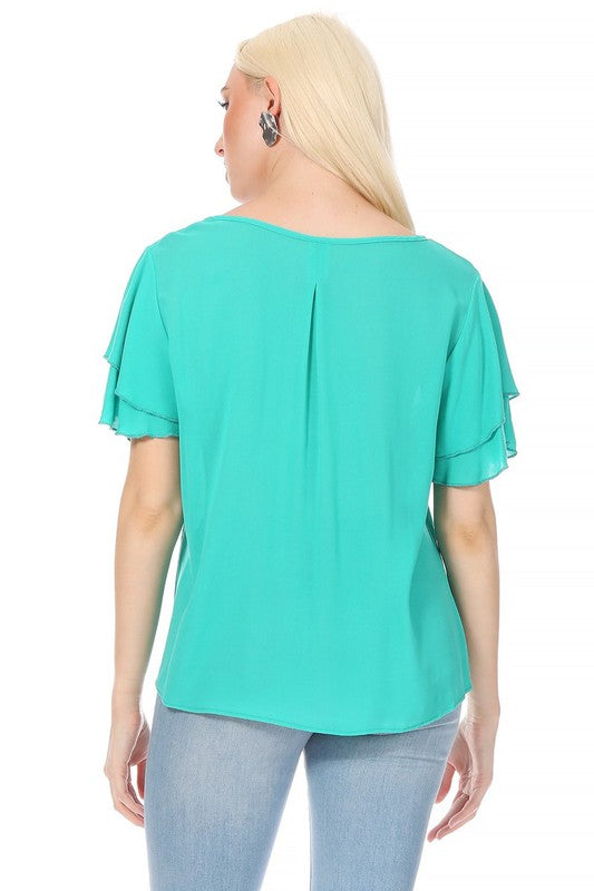 Short flutter sleeve round neck keyhole blouse.