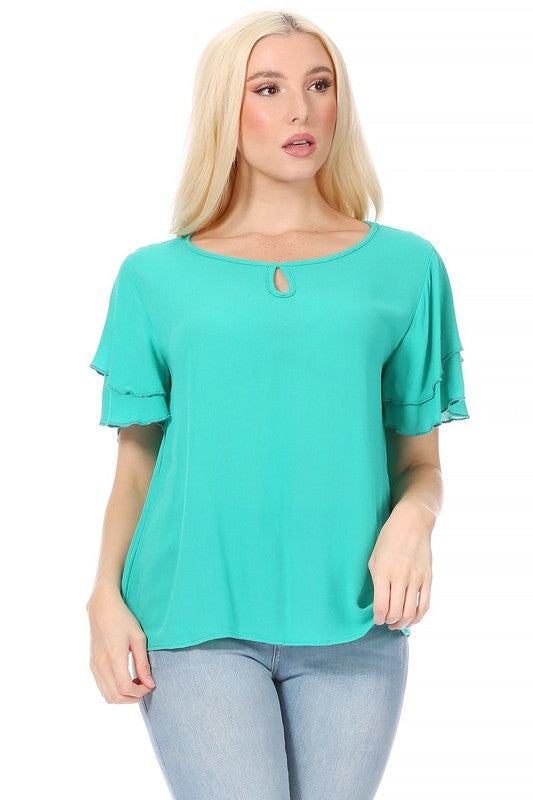 Short flutter sleeve round neck keyhole blouse.