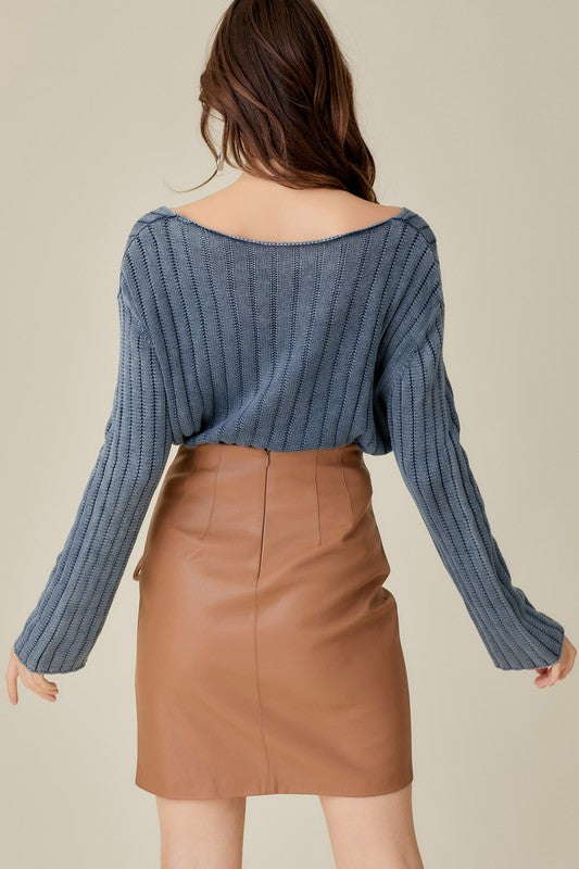 V-Neck Washed Crop Sweater