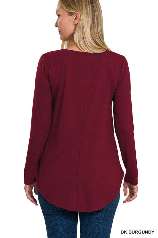 Long Sleeve V-Neck Round Hem Top