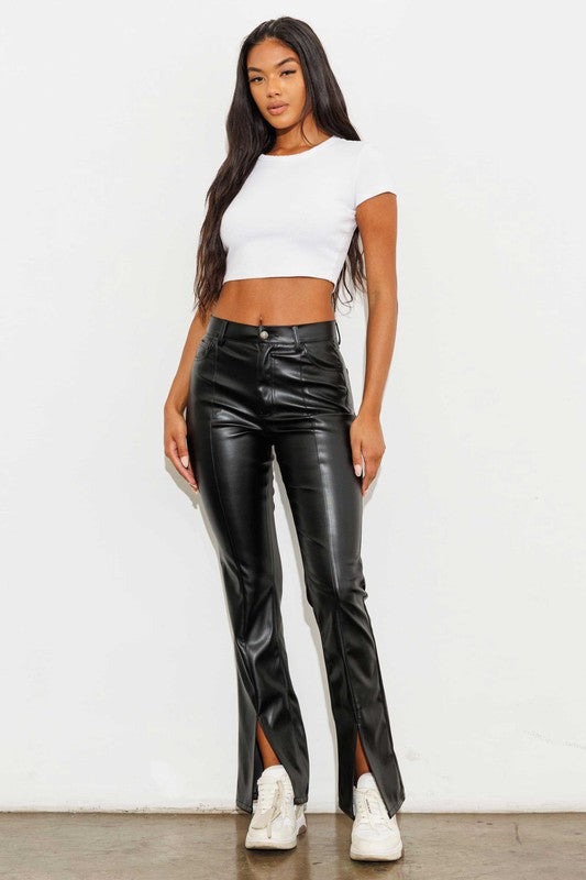 VEGAN LEATHER FRONT SLIT BOOTCUT