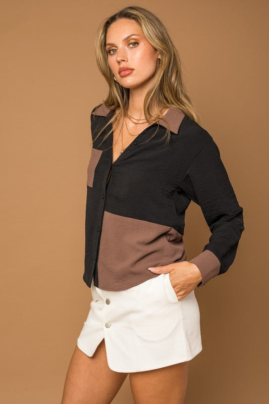 Long Sleeve Contrast Button Down Top