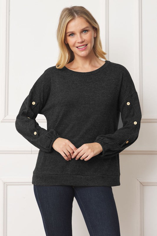 Drop Shoulder Button Sleeve Detail Top