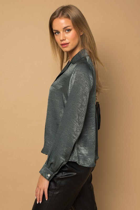 L/S Button Down Satin Blouse Top