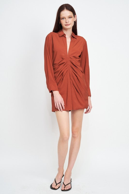 RUCHED MINI SHIRT DRESS