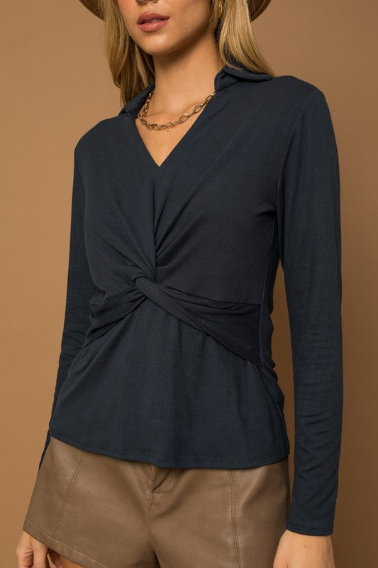 Long Sleeve Collared Front Knot Top