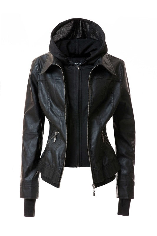 Women's Hood PU Leather Jacket