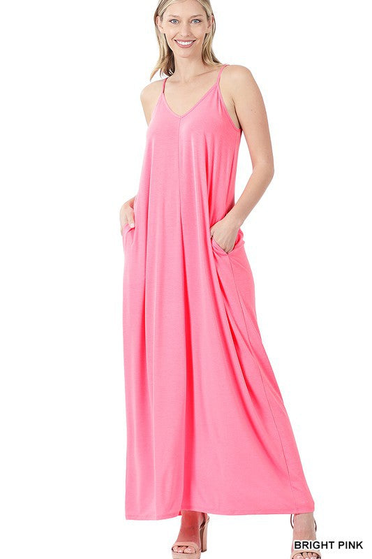 V-NECK CAMI MAXI DRESS WITH SIDE POCKETS