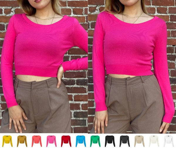 Round Neck Long Slv Crop Sweater Knit Crop Top