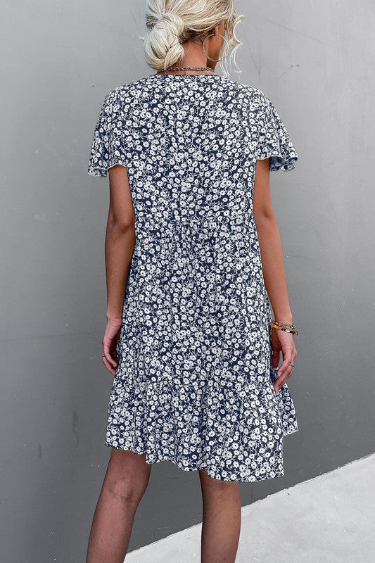 Floral Short Sleeve V Neck Midi Length Dress