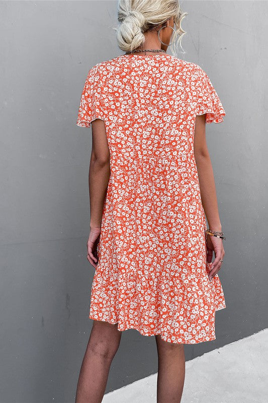 Floral Short Sleeve V Neck Midi Length Dress