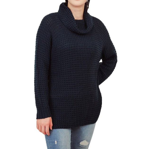 Cowl Neck Oversized Pop-Corn Knit Tunic Sweater