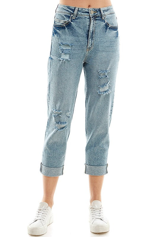 ROOL-UP DISTRESSED  HIGH RISE STRETCH MOM JEANS