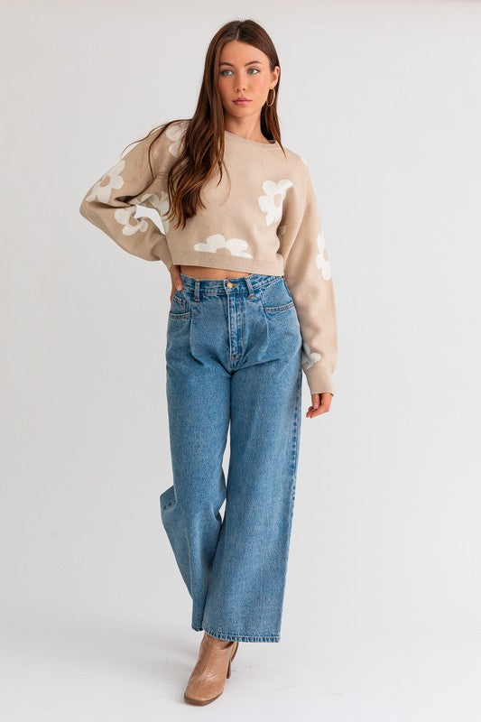 Long Sleeve Crop Sweater with Daisy Pattern