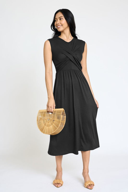 Sleeveless Cross-Over Bodice Midi Dress