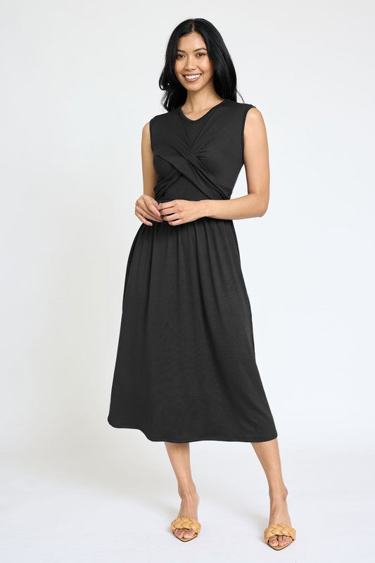 Sleeveless Cross-Over Bodice Midi Dress