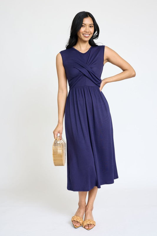 Sleeveless Cross-Over Bodice Midi Dress