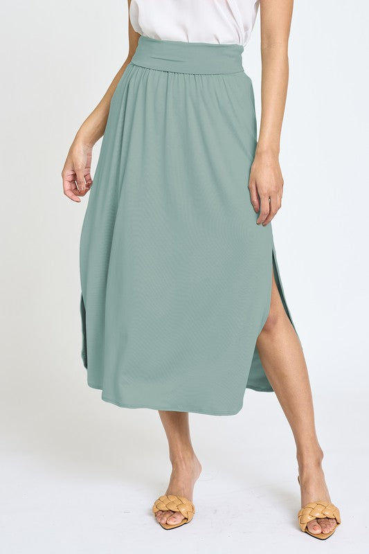 Solid Side Slit Midi Skirt