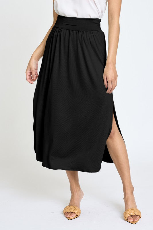 Solid Side Slit Midi Skirt