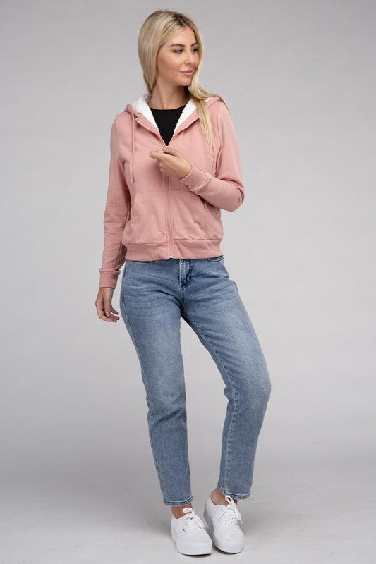 Fuzzy Trim Zip-Up Crop Hoodie