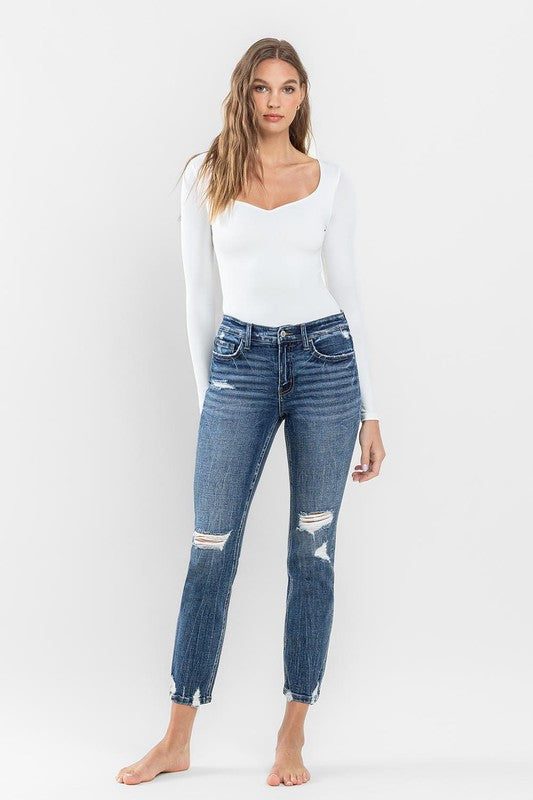 Mid Rise Distressed Crop Slim Straight Jeans