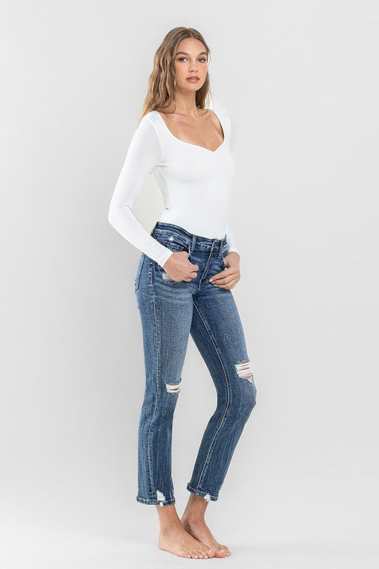 Mid Rise Distressed Crop Slim Straight Jeans