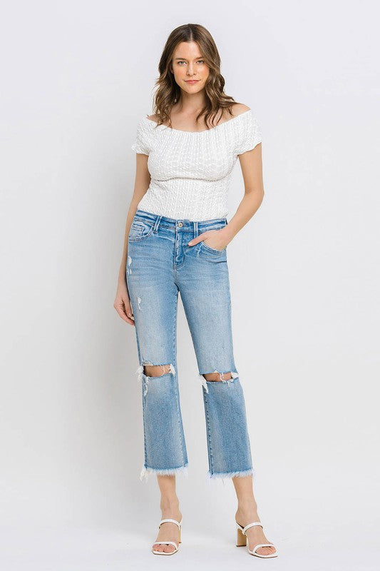 High Rise Frayed Hem Crop Straight Jeans