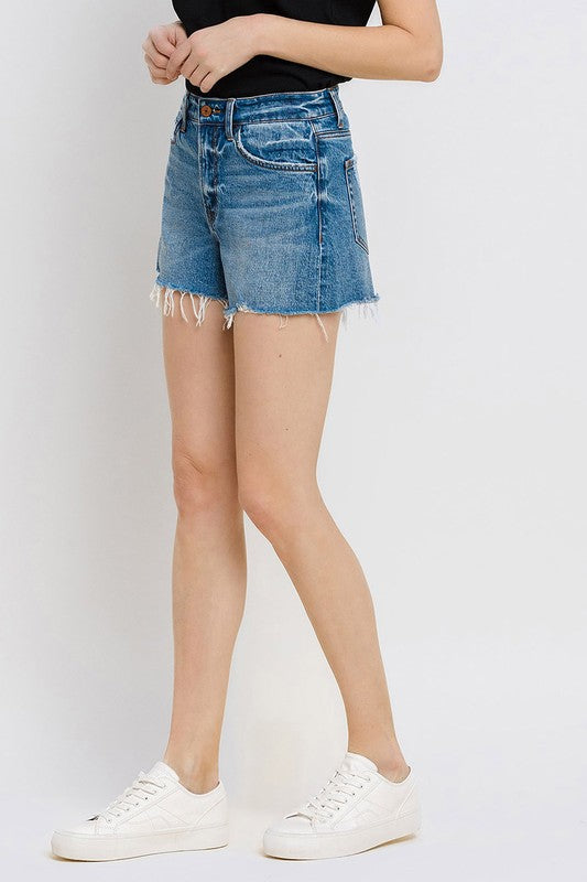 High Rise Distressed Hem A-Line Shorts