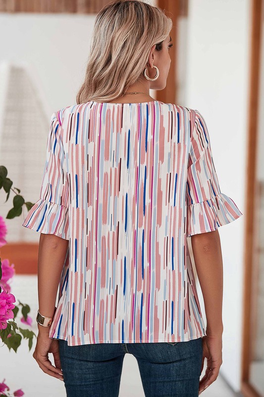 White Water color stripe ruffle half sleeve blouse