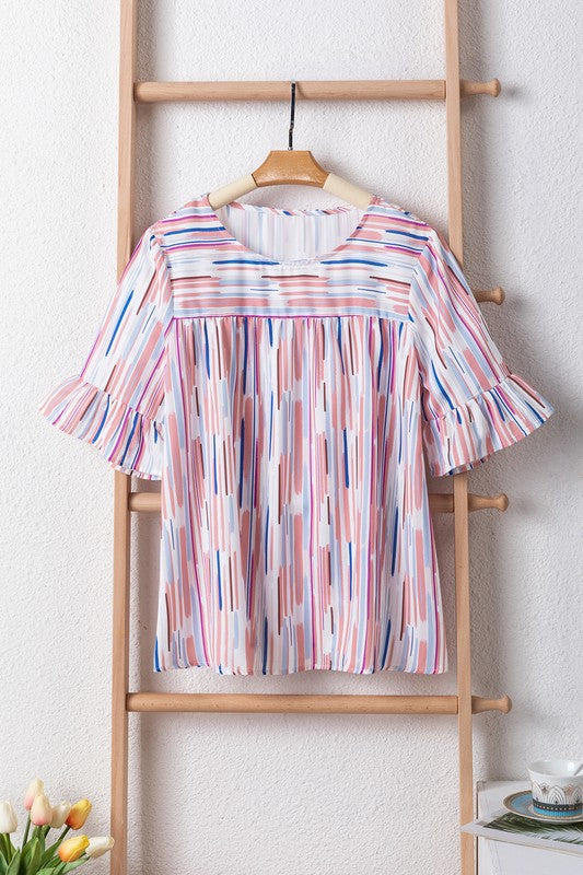 White Water color stripe ruffle half sleeve blouse