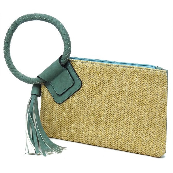 Straw Cuff Handle Tassel Wristlet Clutch