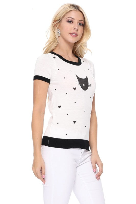 Kitty Cat Face Short Sleeve Summer Sweater Top