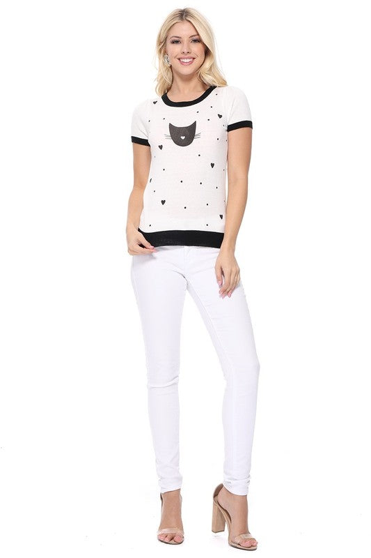 Kitty Cat Face Short Sleeve Summer Sweater Top