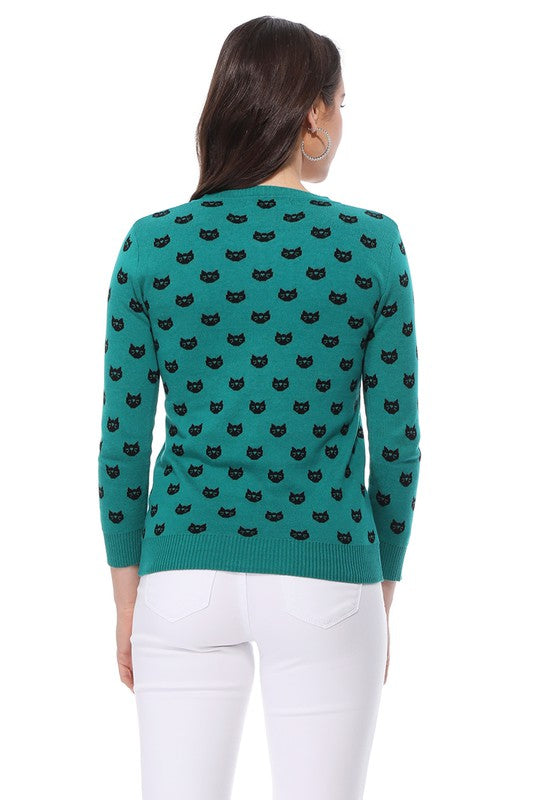 Round Neck Cat Patterned Cardigan Sweater