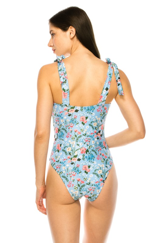 ONE PIECE BATHING SUIT FLORAL PRINT SHOULER TOP TI