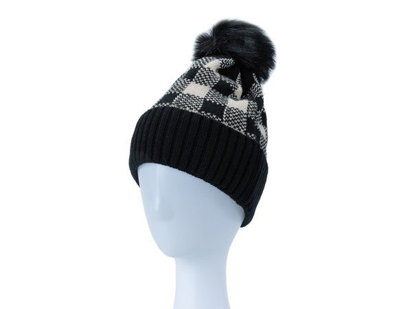 CHECKERED POM POM BEANIE