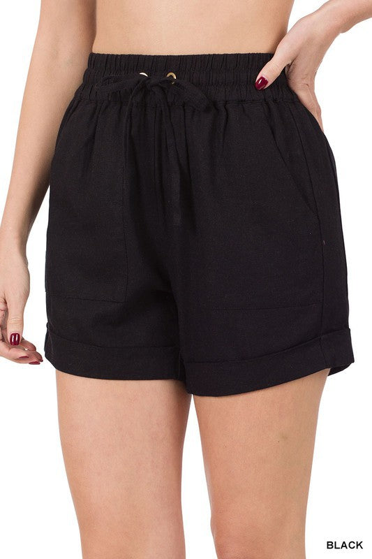 LINEN DRAWSTRING-WAIST SHORTS WITH POCKETS