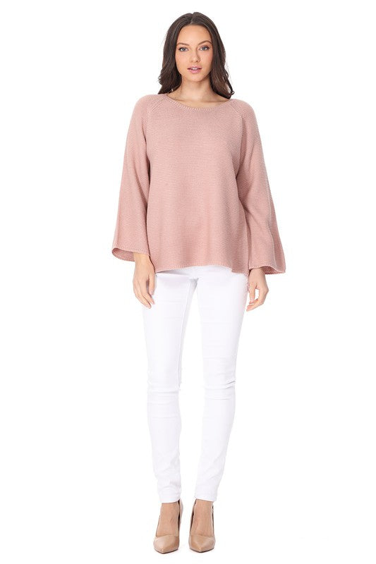 Boat Neck Bell Sleeve High Low Pullover Sweater