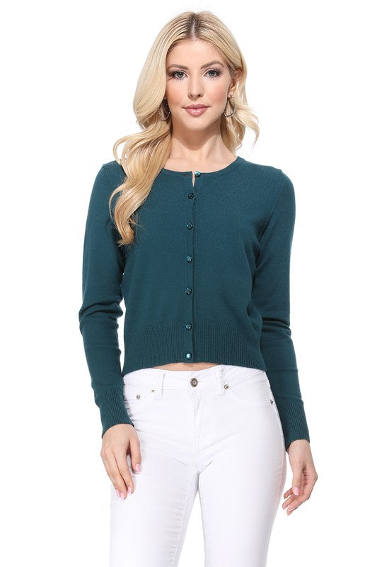 Gem Button Crew Neck Long Sleeve Sweater Cardigan