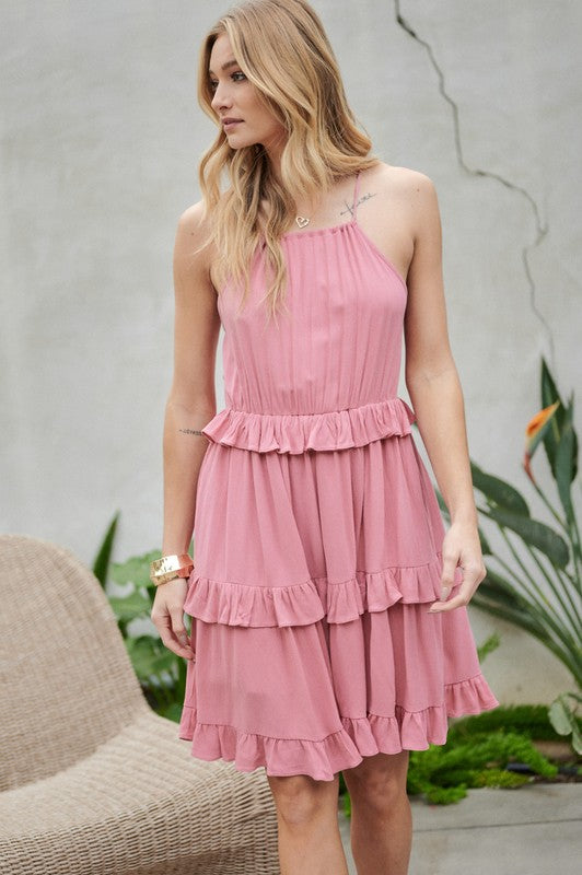 SOLID RUFFLE SLEEVELESS MINI DRESS