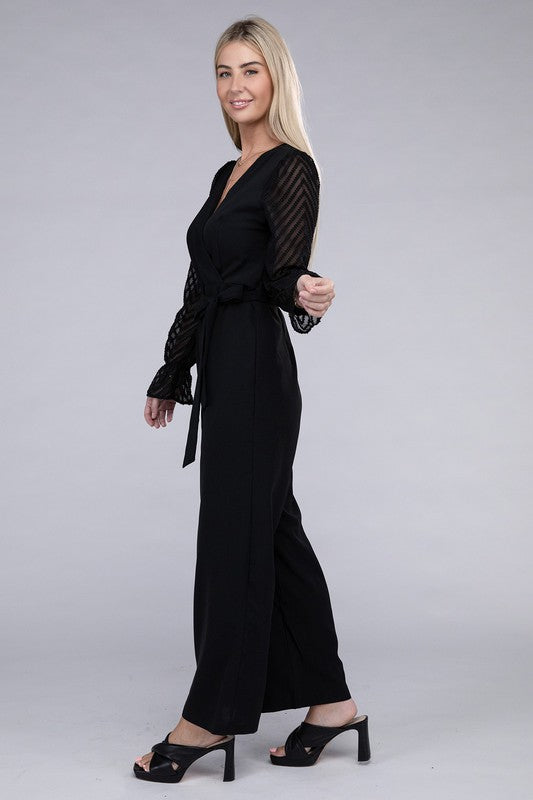 Sheer sleeve and Wide leg Jumpsuit